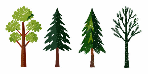 Illustration of four different trees with varying foliage and shapes © Rathindranath
