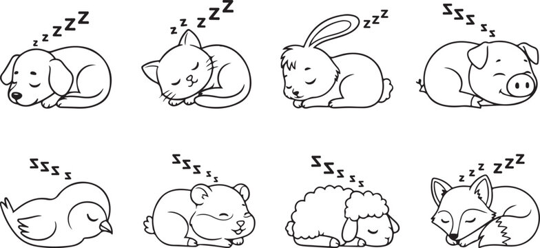 Cute sleeping animals cartoon illustrations with zzz bubbles