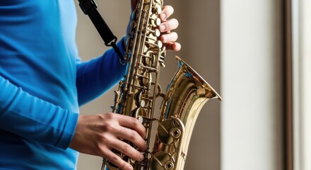 Naklejka premium Person playing a saxophone with hands on keys and body in blue shirt