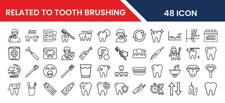 Tooth Brushing and Oral Hygiene Icons Collection for Dental Health