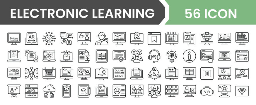 Electronic learning icons collection for educational technology and online courses