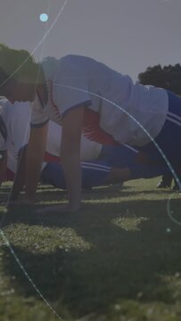 Vertical video: Main woman doing push-ups, starting fitness drill, circular overlays marking reps