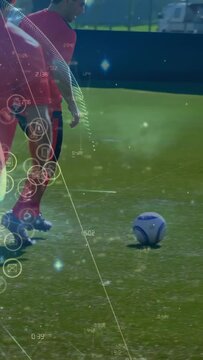 Red player approaching ball, dribbling and shielding to keep ball as sports HUD overlaying metrics