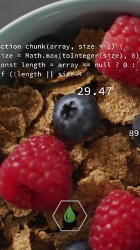 Vertical video: Camera panning bowl, code scrolling, hex icons scores shifting with fruit for data