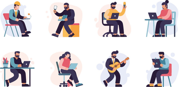 Diverse individuals engaged in various activities like work, music, and self-reflection