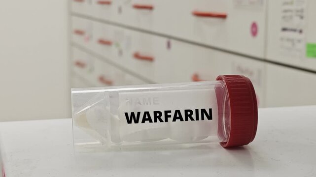 Box of WARFARIN tablets on a hospital pharmacy table used to prevent blood clots an anticoagulant.	
