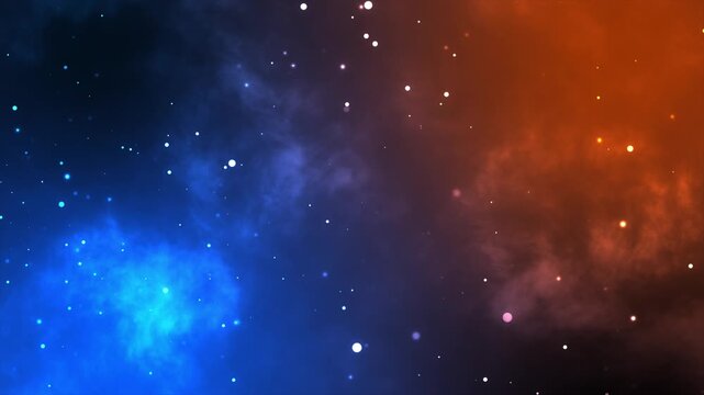 Blue and orange cosmic particle loop animation background with glowing dust clouds and floating light orbs perfect for sci fi themes