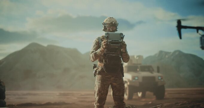Special Forces Soldiers Pilot a Tactical Quadcopter Drone at a Desert Base, Target Tracking, Battlefield Intelligence, Reconnaissance, Precision Strike in Middle East Military Operation.