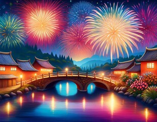 Fototapeta premium colorful night scene with fireworks over village and bridge