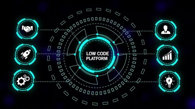 Futuristic HUD interface displaying LOWPLATFORM concept with connected business and technology icons