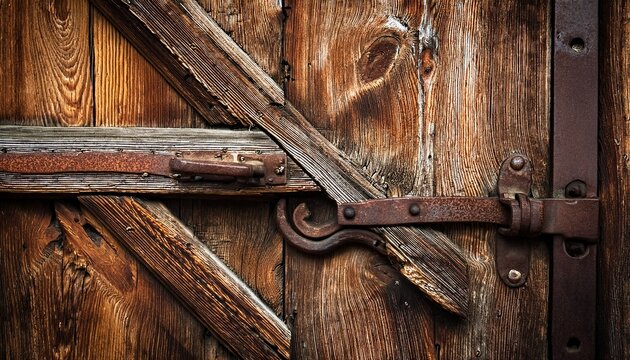 old wooden door with rusty metal hinge and visible wood grain