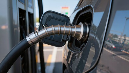 Fuel nozzle inserted into car tank at gas station, illustrating vehicle refueling, automotive fuel stop, and everyday process of filling cars with petrol or diesel
