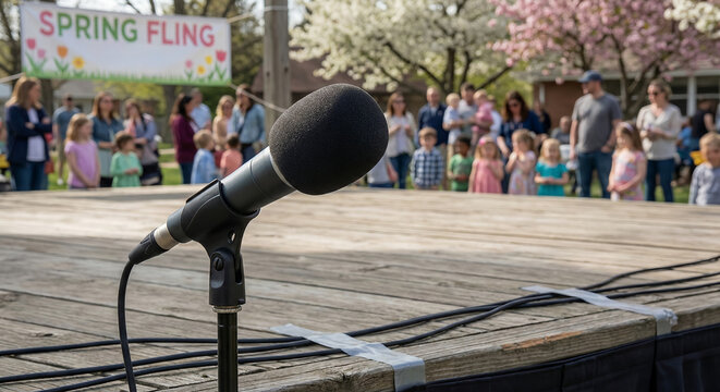 Microphone in foreground at outdoor Spring Fling event with audience  