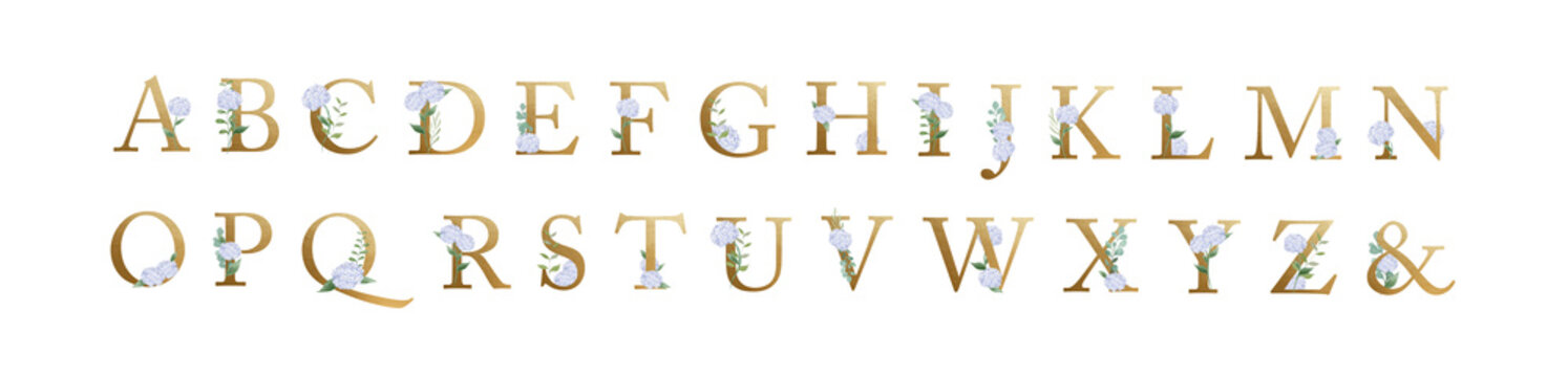 Hydrangea Gold Foil Alphabet Bundle Set-300dpi-The font is Adobe Caslon Pro.