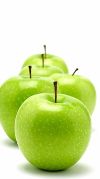 Four green Granny Smith apples are located in a row on a white background in a studio shot, creating a vibrant and fresh image for healthy eating and fruit themes