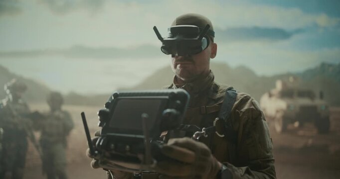 Portrait of Special Forces Soldier Wears FPV Glasses and Operates a Drone Controller, Directing AI assisted UAV Strike Target. Modern Military Mission in a Middle East Desert War Zone.