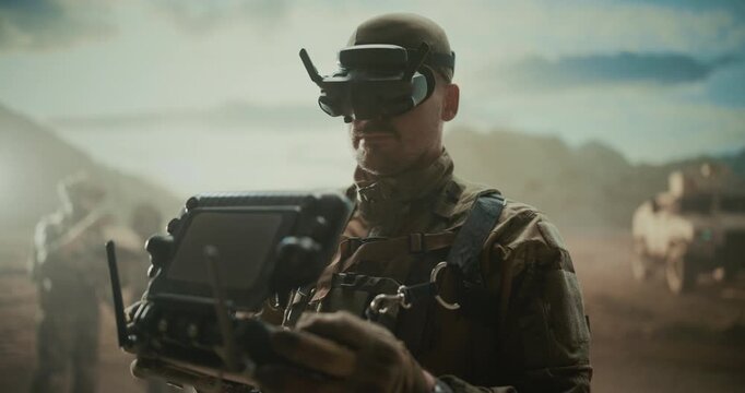 Portrait of Special Operations Soldier Uses FPV Headset and Tactical Controller to Pilot AI Drone, Target Tracking, Strike Support, Army Protection During Modern Warfare Deployment in Desert War Zone