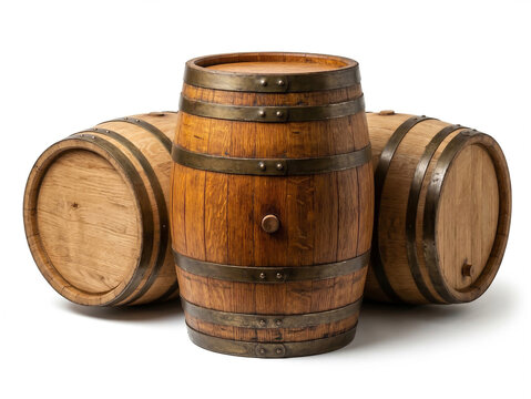 Three rustic wooden oak barrels with metal hoops stacked on white background for winemaking and whiskey aging
