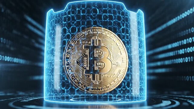 Close-up of a gold Bitcoin coin encased in a blue, translucent, honeycomb-patterned cylinder with radiant lines on a dark, binary code background.