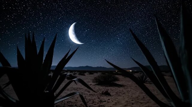 Desert Nightscape - Crescent Moon and Silhouetted Plants Under Starry Sky.