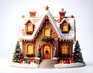 Christmas house with snow and decorations.
