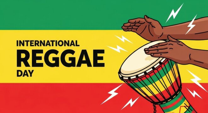 International reggae day poster with a drum and hands on a colorful background