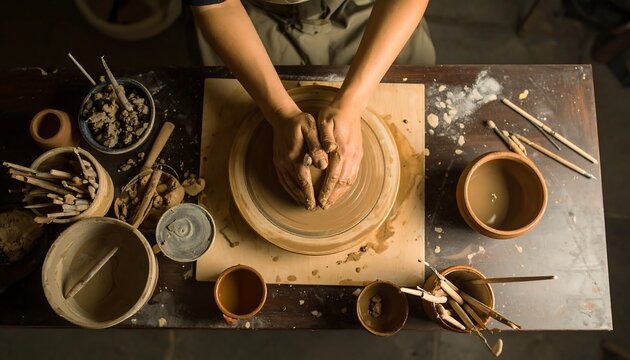 Hands shaping clay on pottery wheel in workshop studio