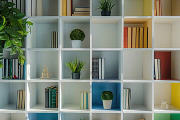 Fototapeta premium Modern cube style bookshelf with a vibrant color block palette and organic shapes. Stylish background setting for online work.
