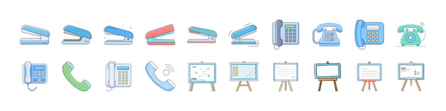 Flat Technology and Communication Icons Collection - Colorful flat icon set featuring tools, smartphones, telephone, charts, desks and chairs representing office work, communication, technology and wo