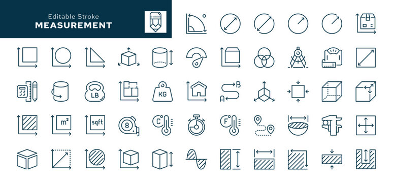 Measurement line icon set. Meashure, size, dimension, area, perimeter and more. Outline vector icon in linear style. Conceptual pictogram collection.