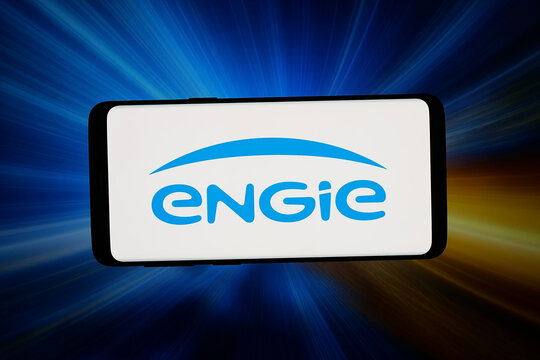 Stuttgart, Germany - 03-10-2026: In this photo illustration, the logo of French electric utility company Engie S.A. is displayed on a smartphone in front of abstract background on computer screen.