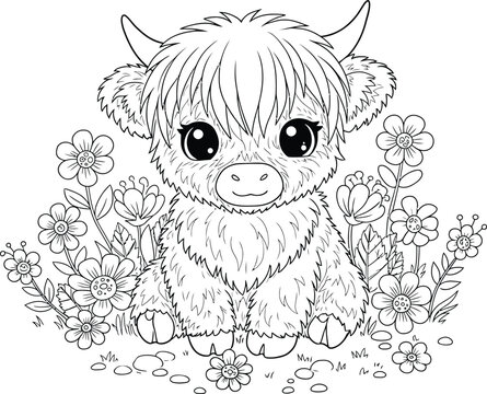 Cute Highland Cow and Flowers Coloring Pages Bundle for Kids