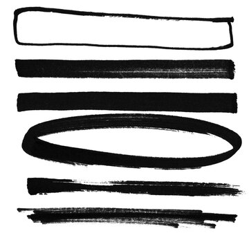 Grunge paint brush stroke texture set. Rough black ink smear and distressed swash marks, isolated