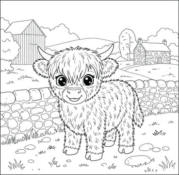 Cute Highland Cow and Windmill Farm Coloring Pages for Kids