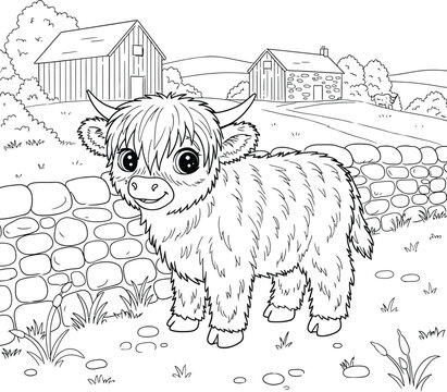 Cute Highland Cow and Windmill Farm Coloring Pages for Kids