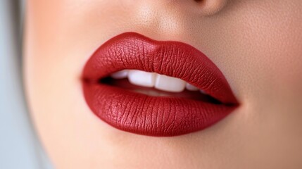 Fototapeta premium Close-Up of Elegant Woman Showcasing Vibrant Red Lipstick and Flawless Lips in Makeup Artistry