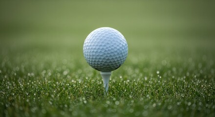 Fototapeta premium A golf ball, dimpled and white, rests on a tee atop a dew-kissed green lawn
