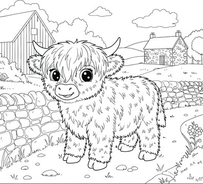 Cute Highland Cow and Windmill Farm Coloring Pages for Kids