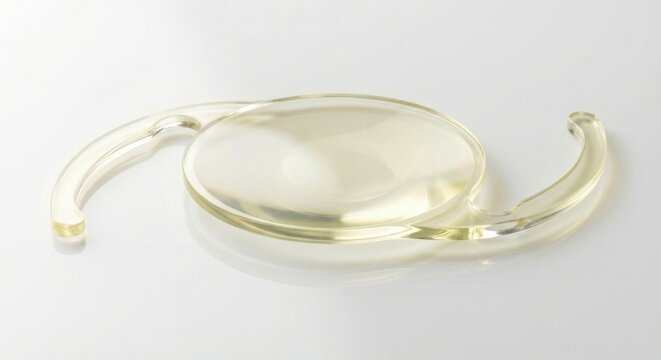 Blue light filtering intraocular lens on white surface
