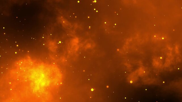 Orange cosmic particle loop animation background with glowing dust clouds and floating light orbs perfect for sci fi themes