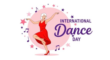 Obraz premium International dance day illustration of a woman dancing in red dress with music notes and stars
