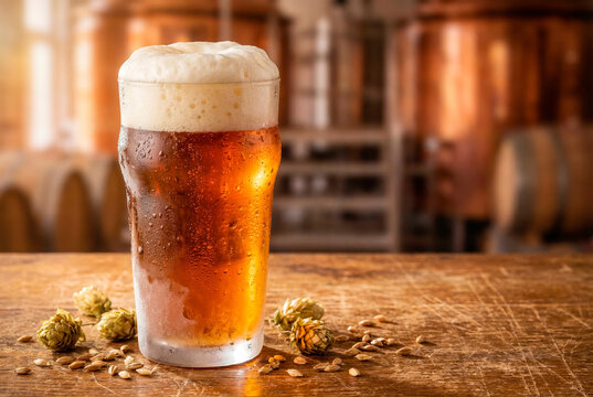 Frosty pint glass of golden amber craft beer with thick foam, surrounded by hops and barley on a rustic wooden table in a brewery