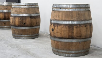 Obraz premium Three wooden barrels with metal hoops stand on a light gray textured surface