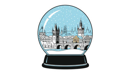Obraz premium Decorative snow globe containing a charming snowy landscape of a European city with historic buildings and bridges.