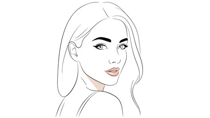 Minimalist line art portrait of a beautiful woman with long hair and soft pink lips looking back over her shoulder.