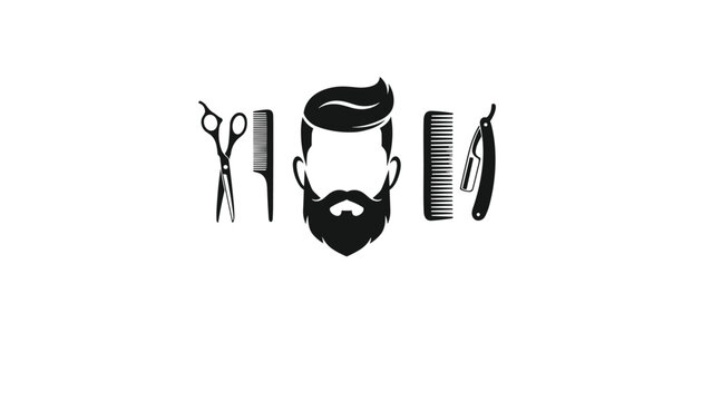 Silhouette of a bearded man's face with a stylish haircut accompanied by barber tools including scissors combs and a razor.