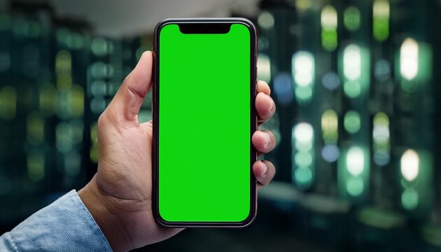 hand holding a smartphone with a green screen ready for customization or editing