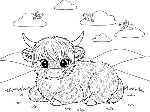 Cute Highland Cow and Calf Resting in Meadow Coloring Pages