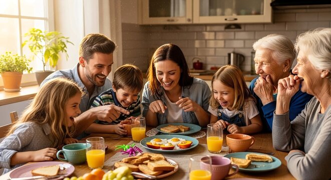A multi-generational family enjoys a meal together in a bright and cozy kitchen