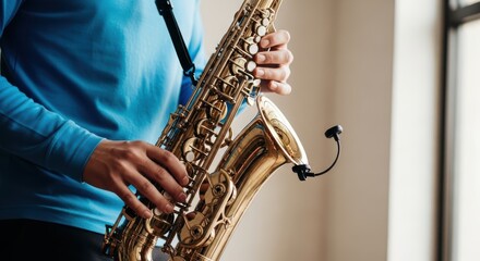 Closeup of a person playing a saxophone with a microphone